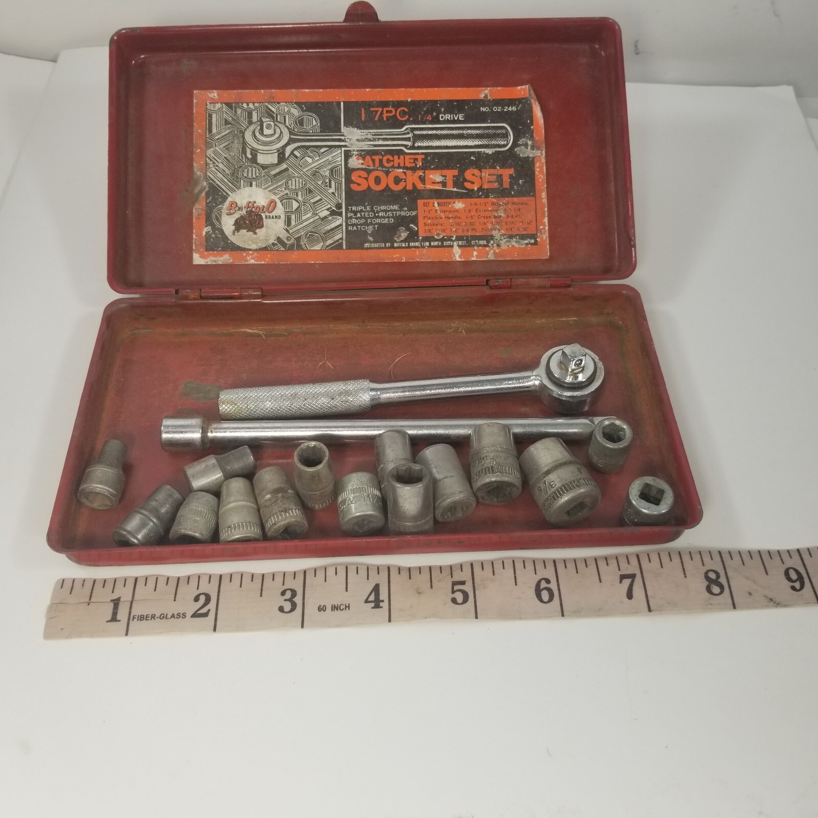 Vintage Buffalo Ratchet & Socket Set 17Piece 1/4″ Drive w/ Metal Case