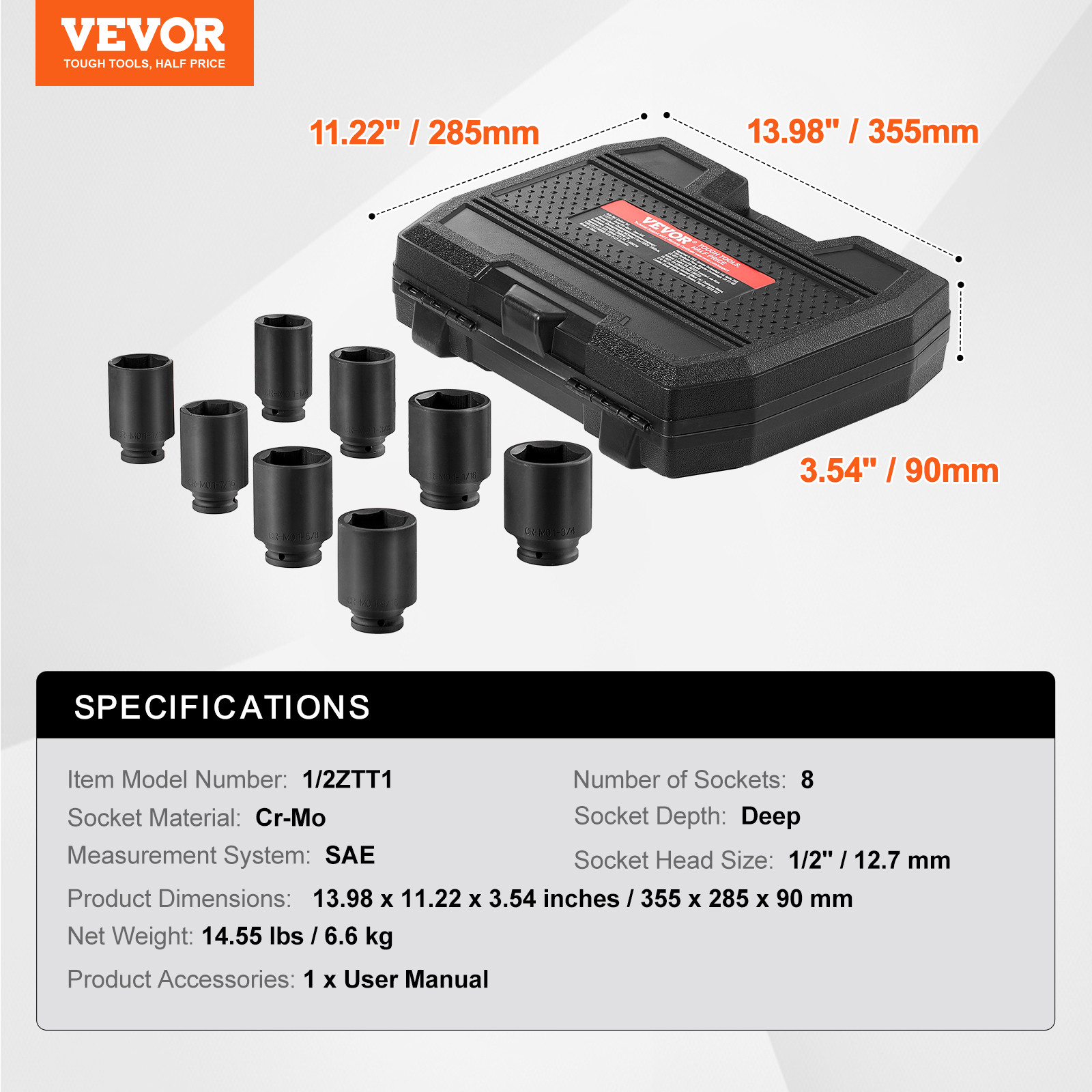 VEVOR Axle Nut Impact Socket Set 1/2″ Drive Deep 6-Point 8PCS SAE Nut Socket