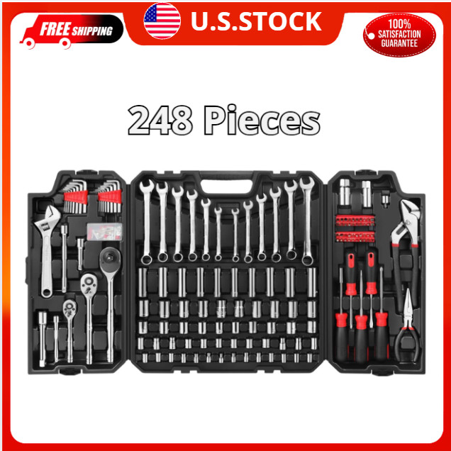 248-Piece Auto Repair Tool Kit, Mixed Sockets & Wrenches Hand Tool Set w/ Case