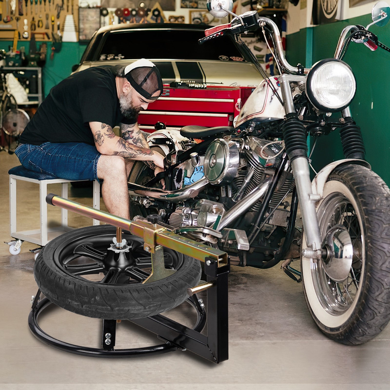 Portable Motorcycle Tire Changing Stand with Bead Breaker for 16in to 21in Tires