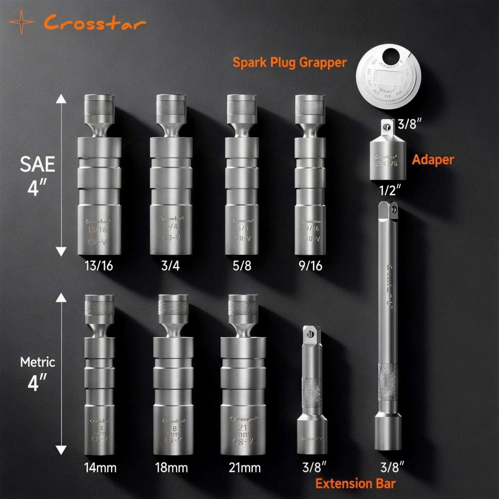 11PCS Magnetic Swivel Spark Plug Socket Set, 3/8″ Drive, CR-V Steel, 18mm/13/16″