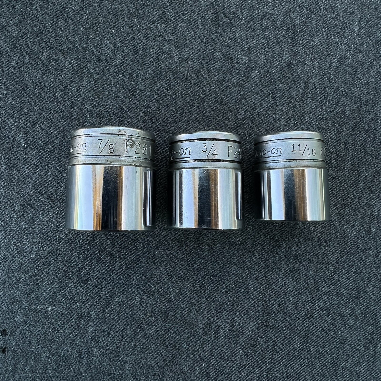 3 Snap-On Sockets F281 7/8″ , F241 3/4″, F221 11/16”, 3/8 Drive 12-Point USA