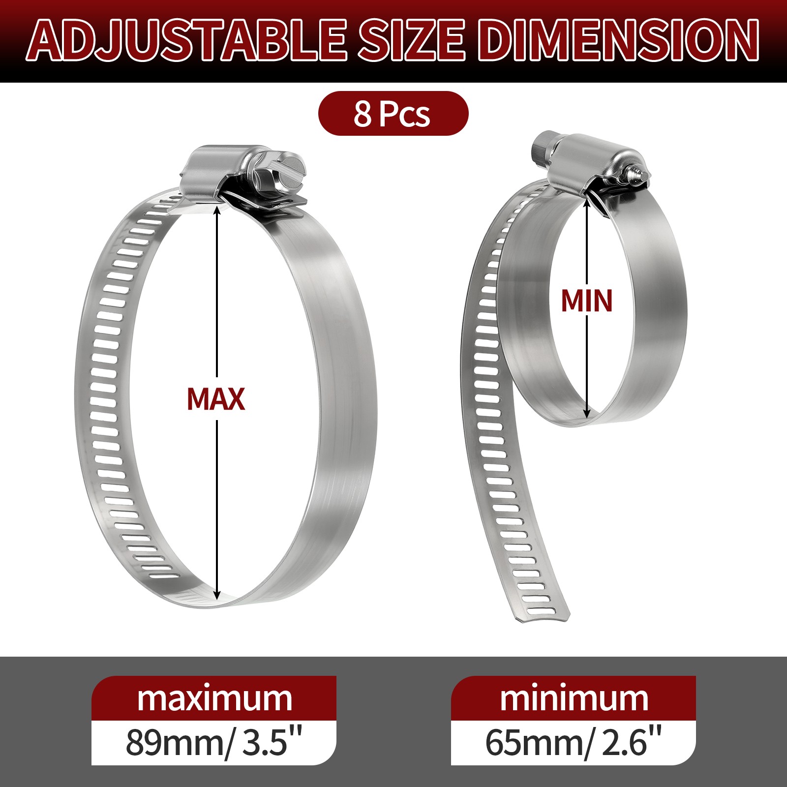 8 Pack Stainless Metal Hose Clamps, Large Adjustable from 2.6″ – 3.5″