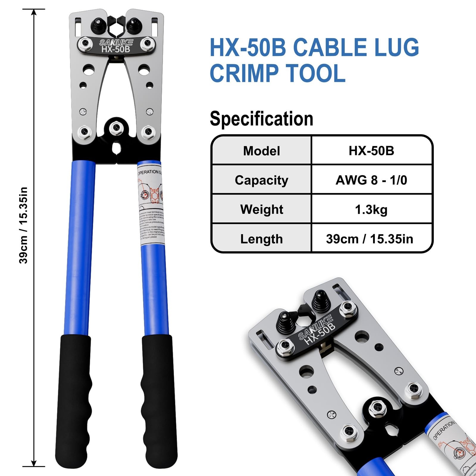Sanuke Battery Cable Lug Crimping Tool for AWG10-1/0, Wire Silver+blue