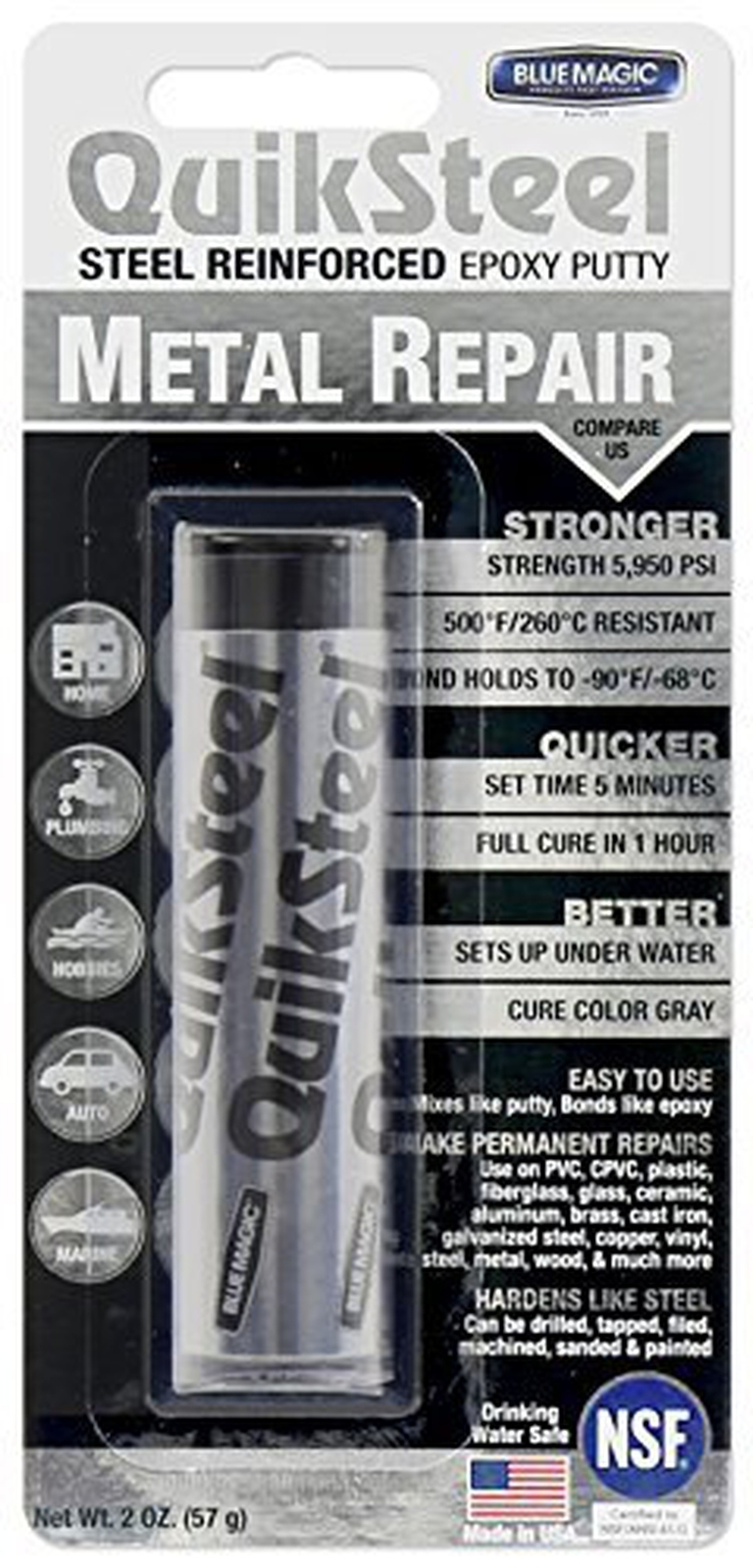 Blue Magic 16002TRI QuikSteel Steel Reinforced Epoxy Putty Repair, Blister Pa…