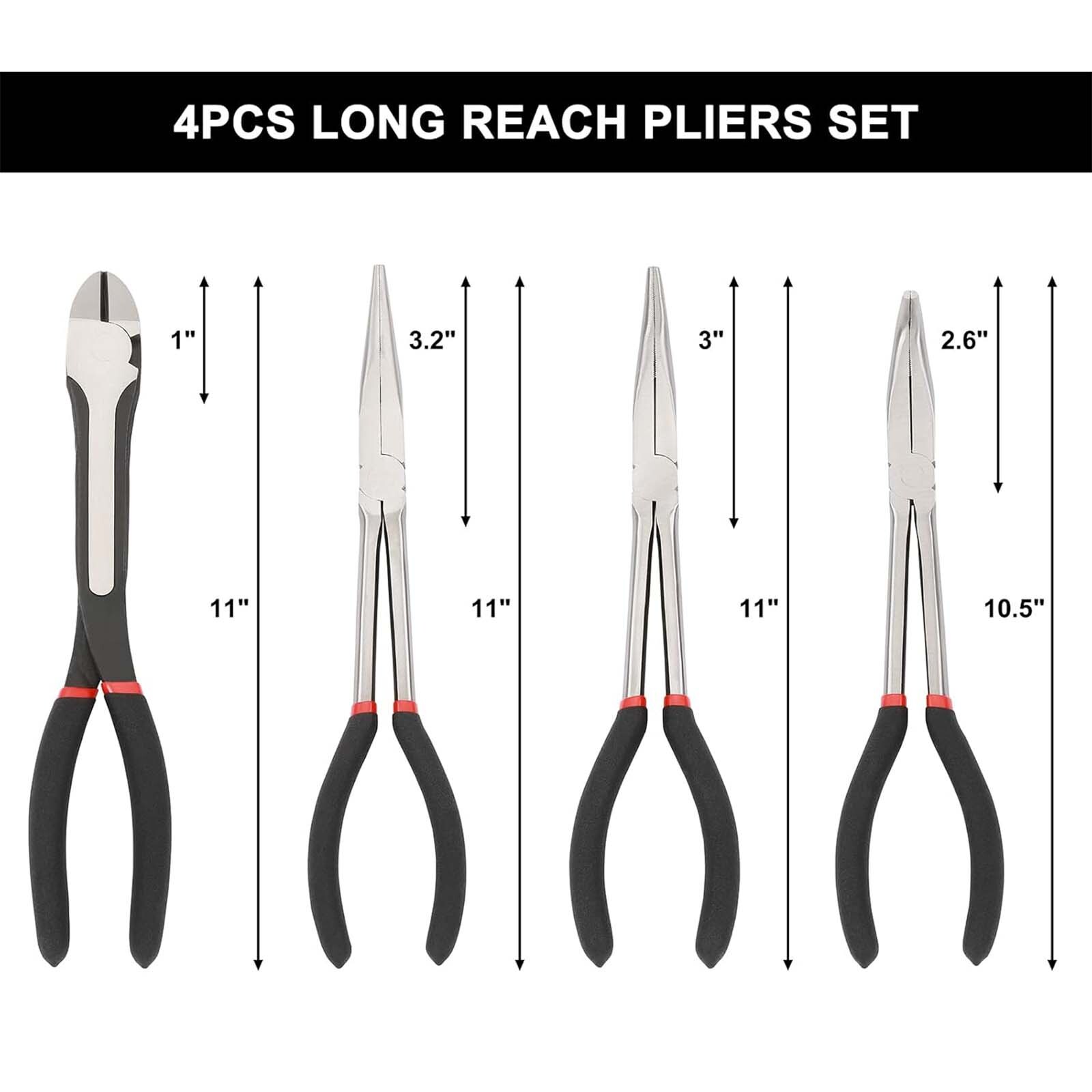 4PCS Long Reach Pliers Set-11″ Needle Nose 45 & 90 Bent Nose Diagonal Pliers