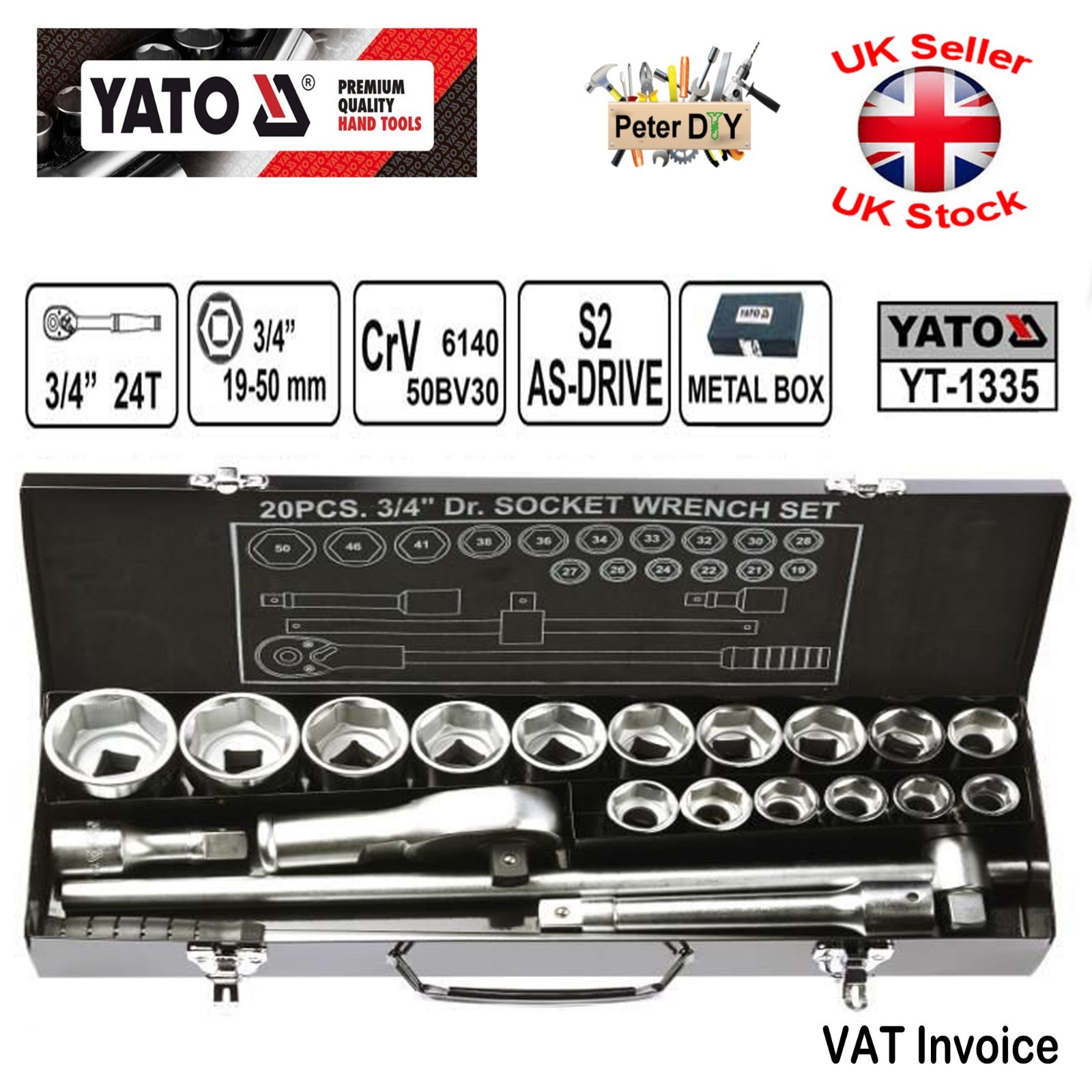 Yato Professional SOCKET SET 3/4» 20 PCS Ratchet Tools Toolbox YT-1335