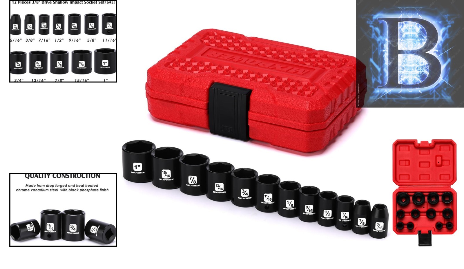 Expert 12 Piece CR-V Socket Set, 3/8-Inch Drive, Shallow, 6-Point Quality Tools