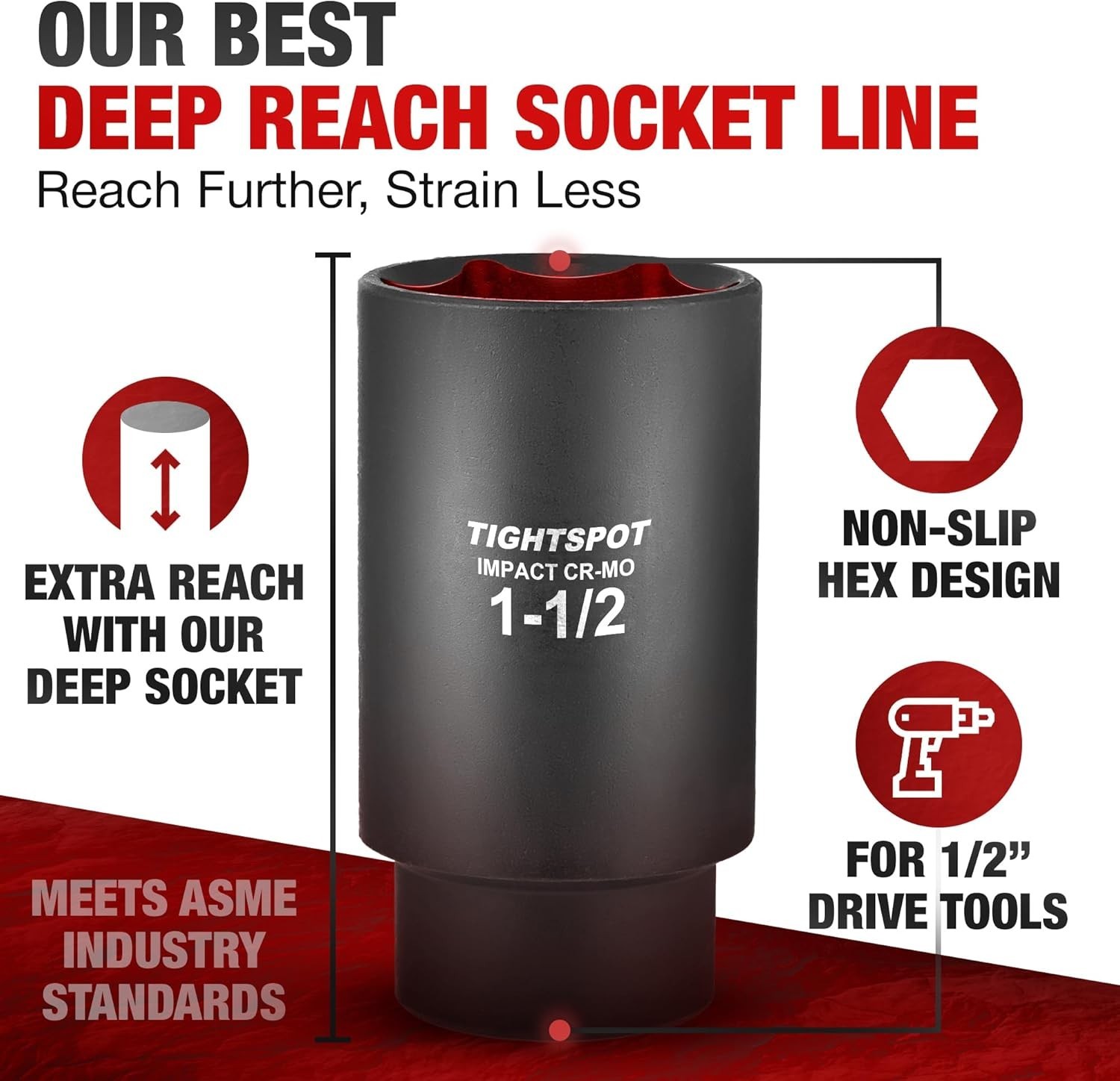 1/2 Inch Drive – 1 1/2 Inch Deep Impact Socket with Anti-Rounding 6 Point Des…
