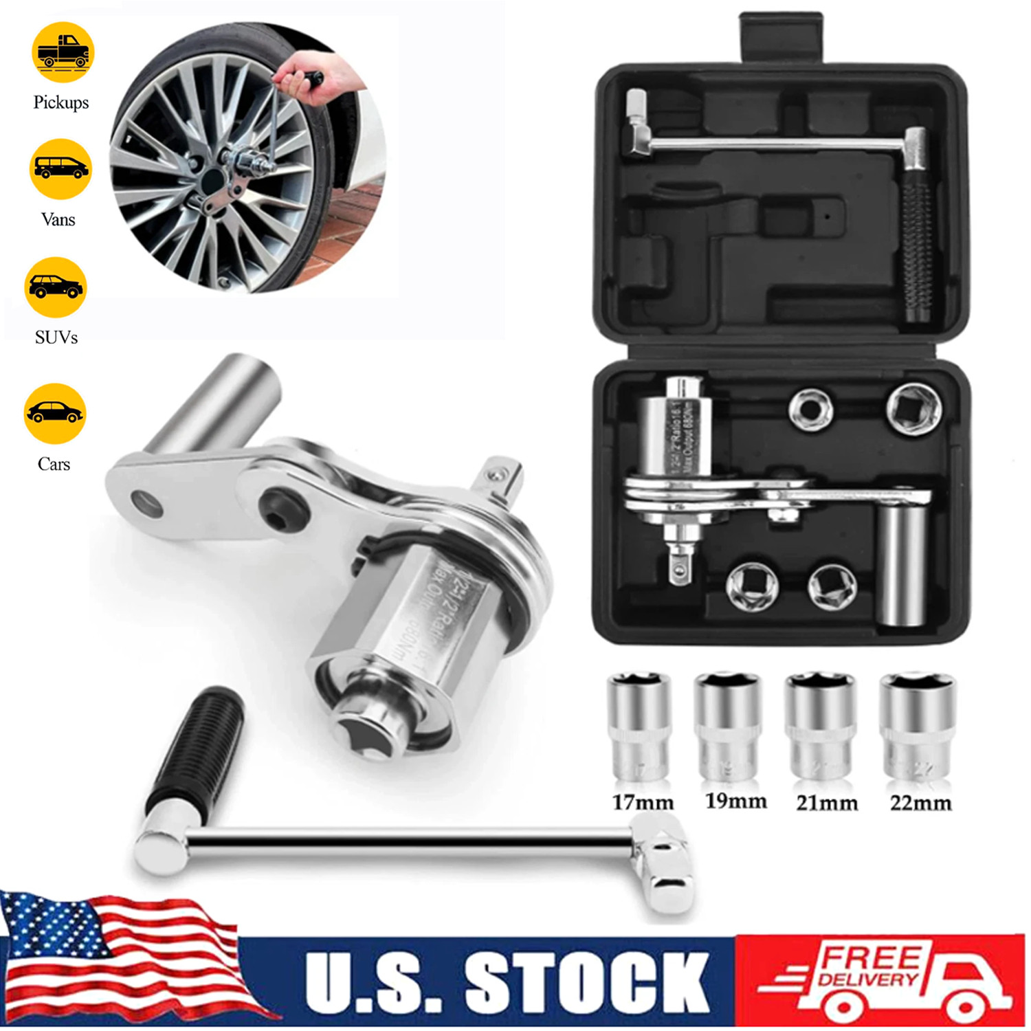 Heavy Duty Torque Multiplier Wrench Set Lug Nut Remover 17 19 21 22 Tire Change