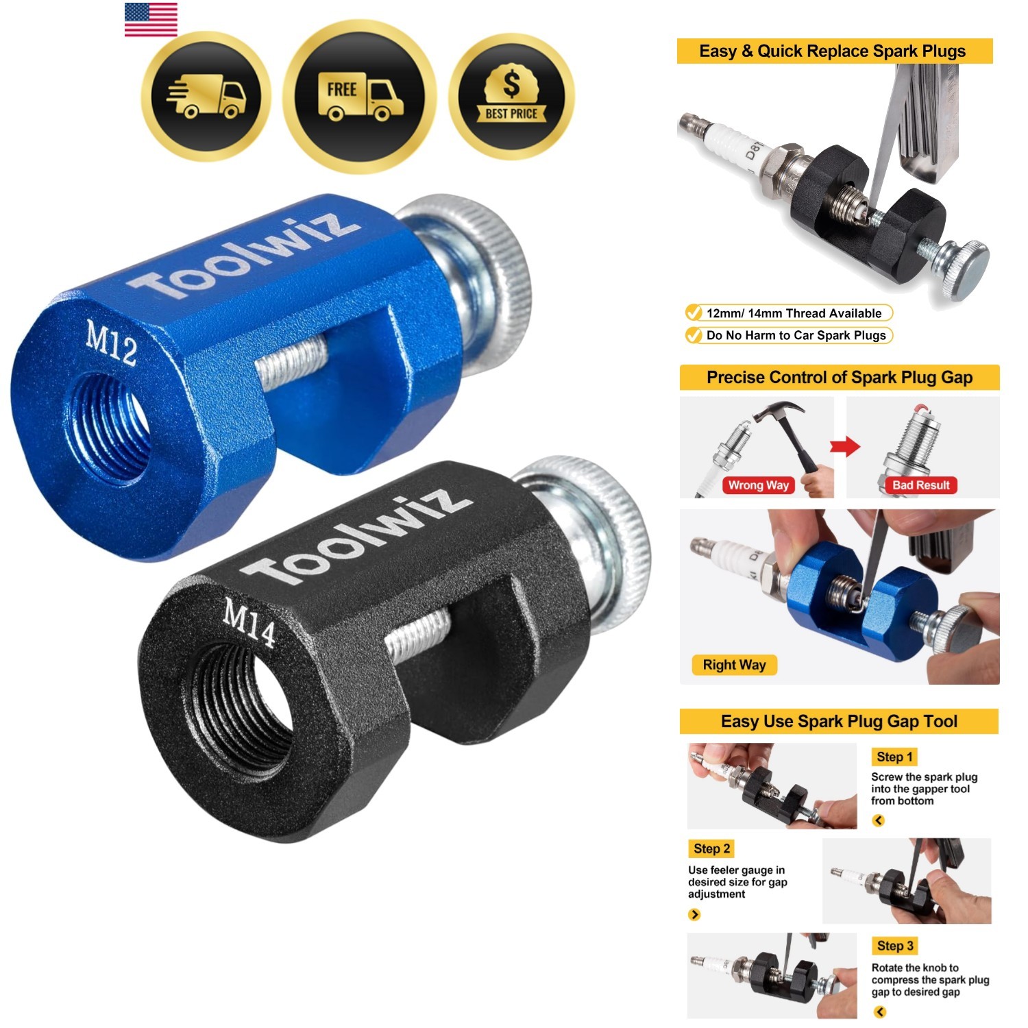 Spark Plug Gap Tool 2pcs Precision Adjustment Kit for 12mm 14mm Spark Plugs