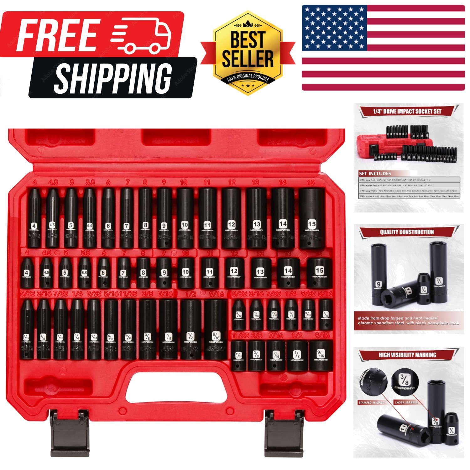 50 Pieces 1/4″ Dr. Impact Socket Set, CR-V, 6 Point, SAE/Metric, 5/32 Inch – …
