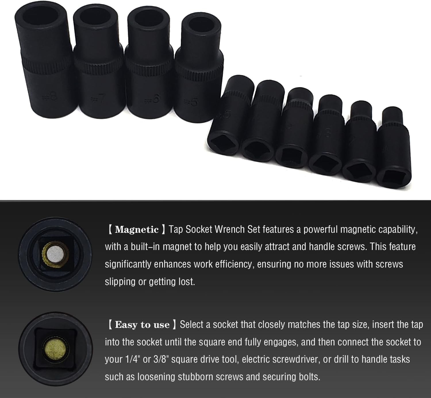 10Pcs Tap Socket Wrench Set (Magnetic), 1/4” & 3/8” Drive External Onesize