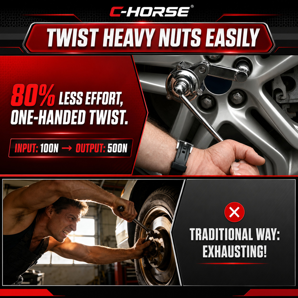 C-HORSE 16-B Labor Saving Wrench Tire Lug Nut Remover 17mm 19mm 21mm Sockets