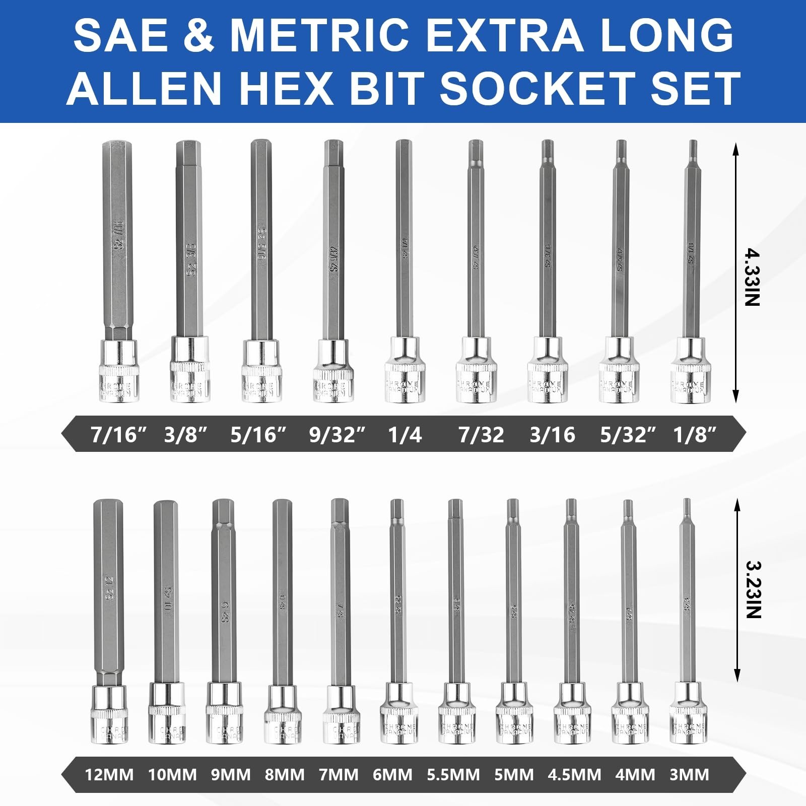 20PCS Extra-Long Allen Hex Bit Socket Set, 3/8″ Drive, SAE & Metric Sizes, CR-V/