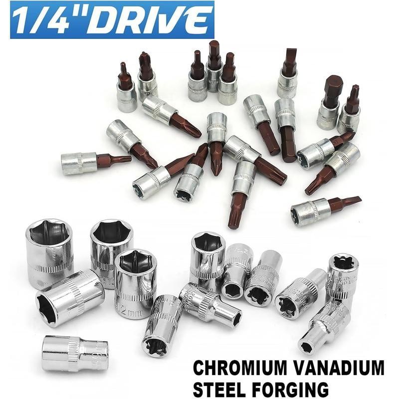 53PC Ratchet Wrench Socket Set Car Repair Machinery Hand Tool 1/4» Drive Metric