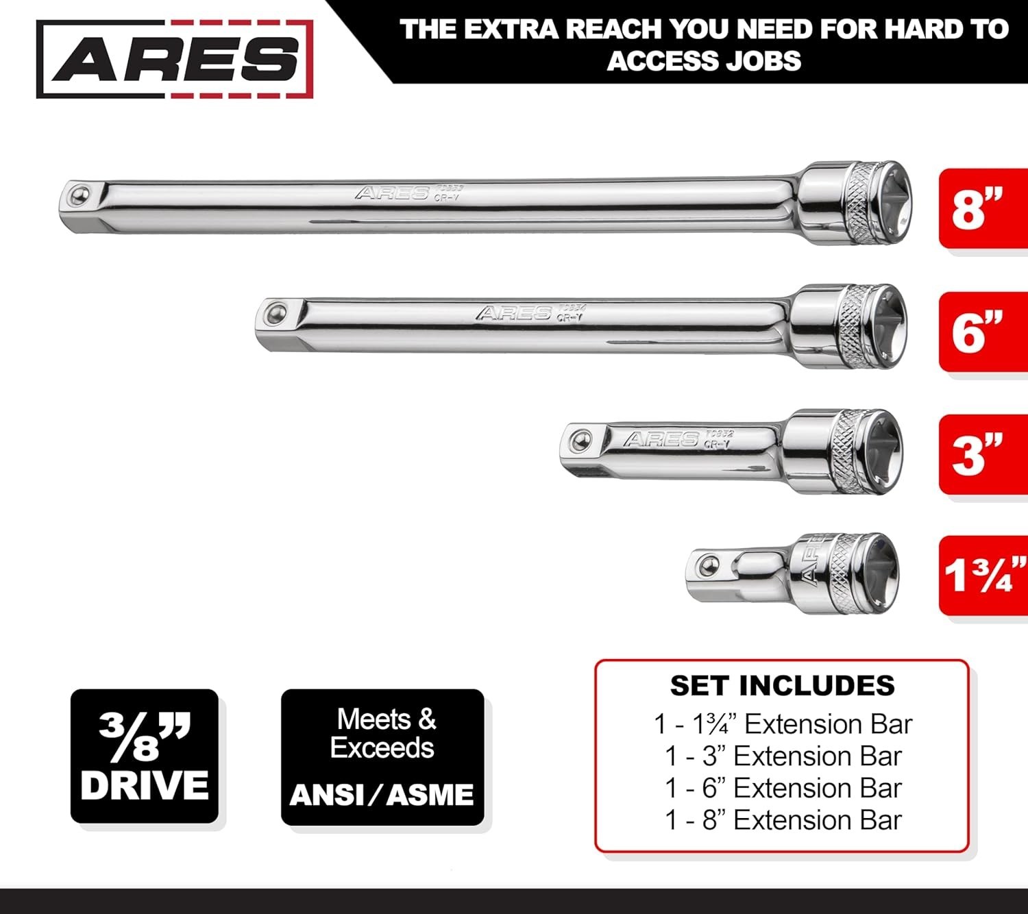 ARES 70244-4-Piece 3/8-Inch Drive Socket Extension Set – 3/8″ Drive, Silver