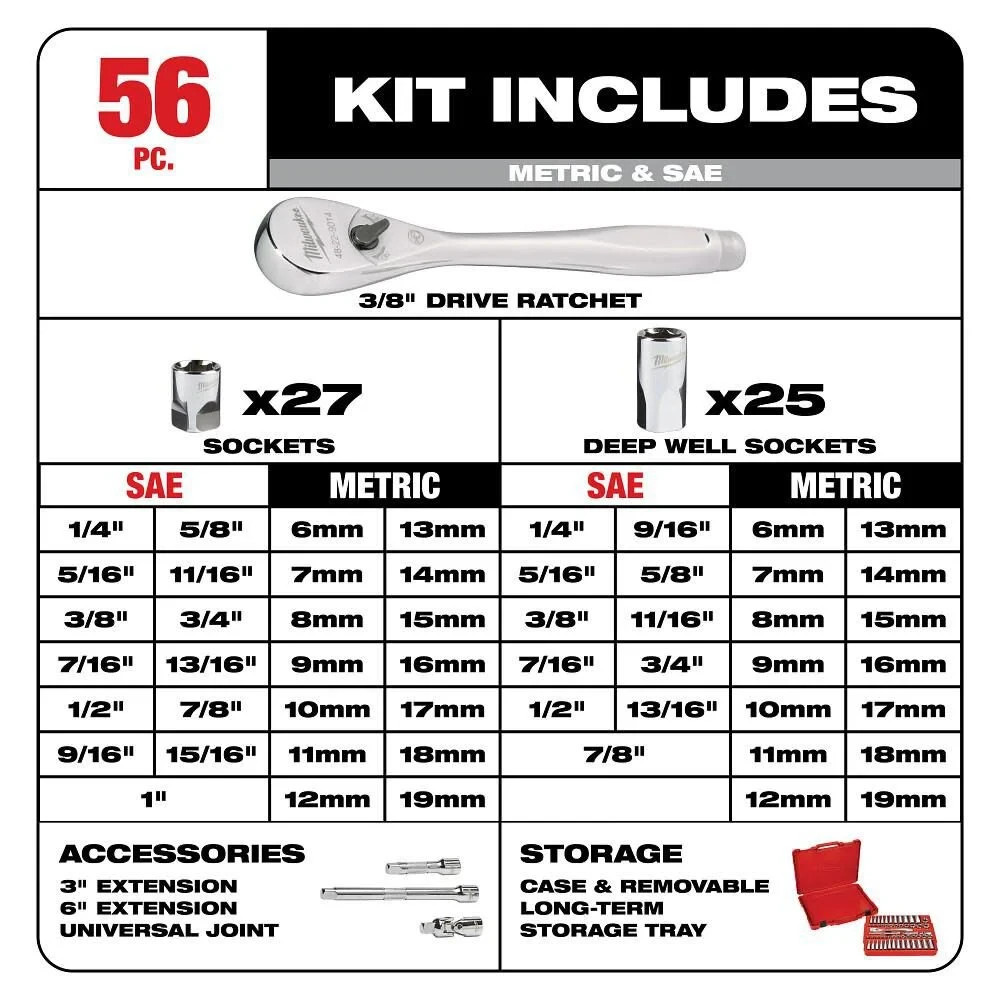 MILWAUKEE 48-22-9008 56-Pc. 3/8 in. Drive SAE/Metric Ratchet and Socket Set