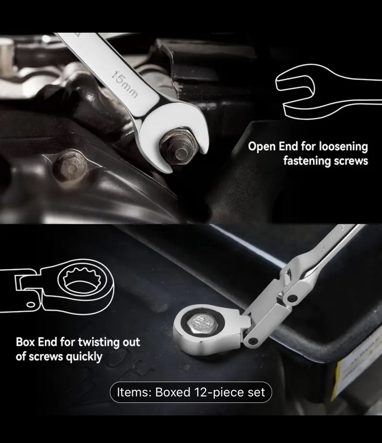 12pcFlex-Head Double Joint With Portable Box End Ratcheting Wrenches NEW 8-19mm