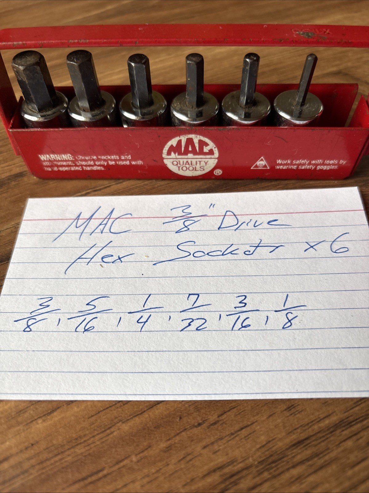 MAC Hex Sockets SAE x6 w/ Carrier 3/8, 5/16, 1/4, 7/32, 3/16, 1/8 USA 3/8” Drive