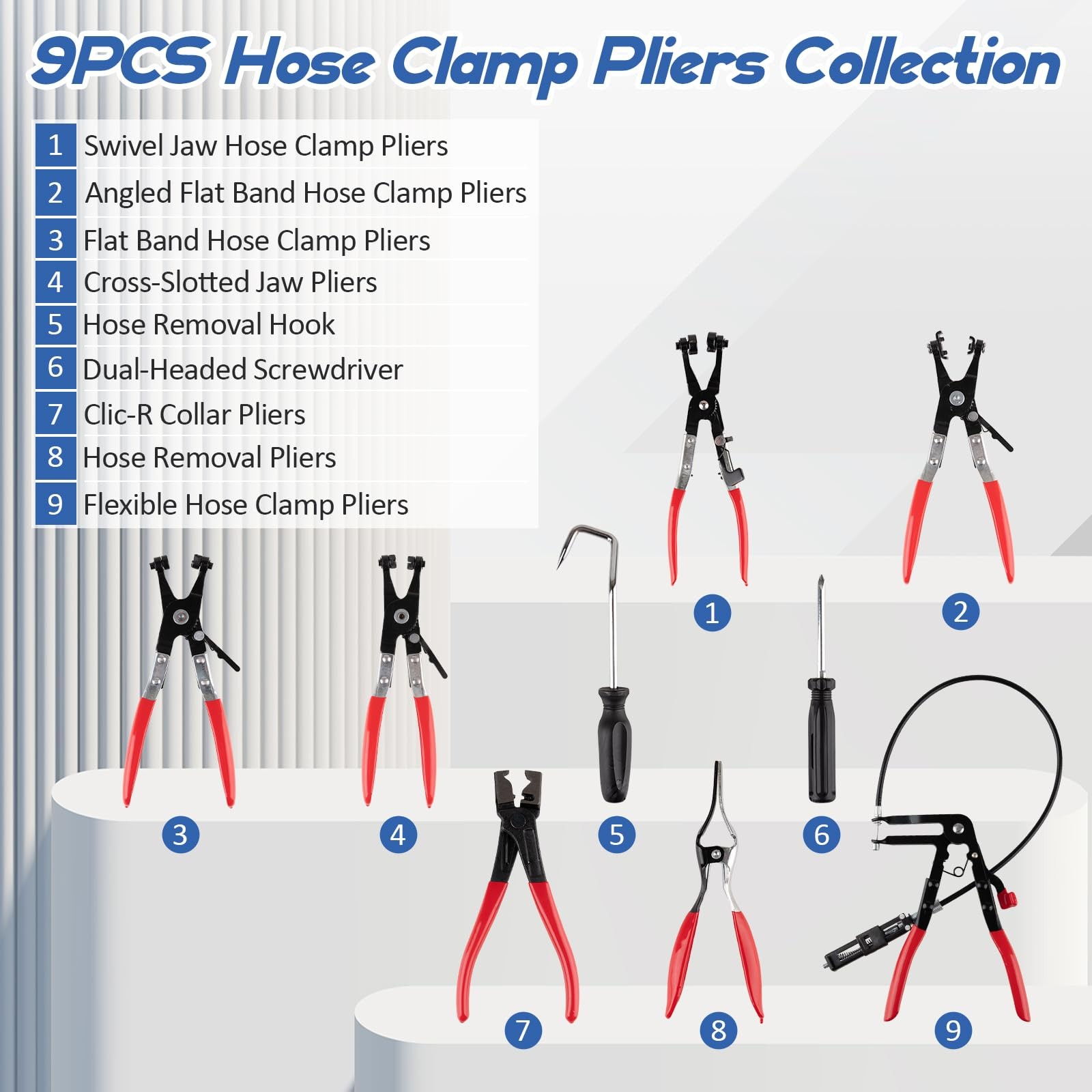 9PCS Hose Clamp Pliers Set, Removal Tool for Automotive Red