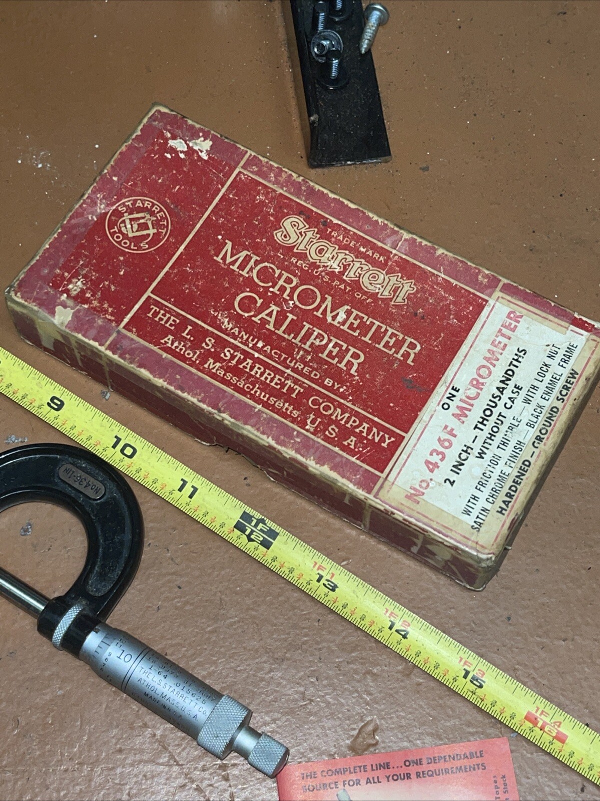 Vintage LS Starrett No 436 F 4361 1 In Micrometer CALIPER Box And Papers Wrench