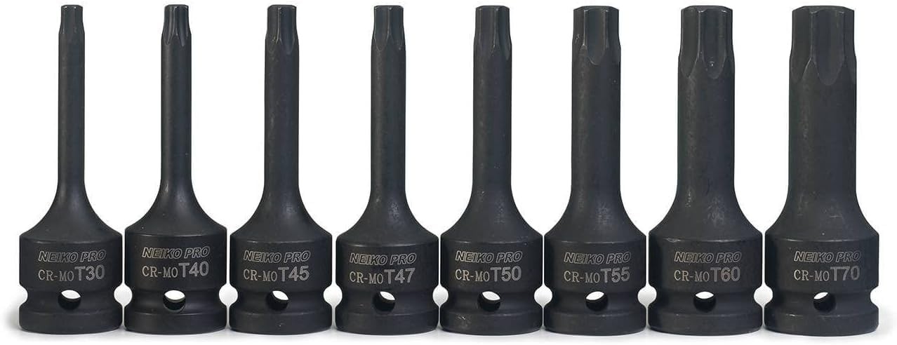 NEIKO 01138B 1/2” Drive Torx Star Driver Bit Socket Set, 8 Piece, T30 to T70