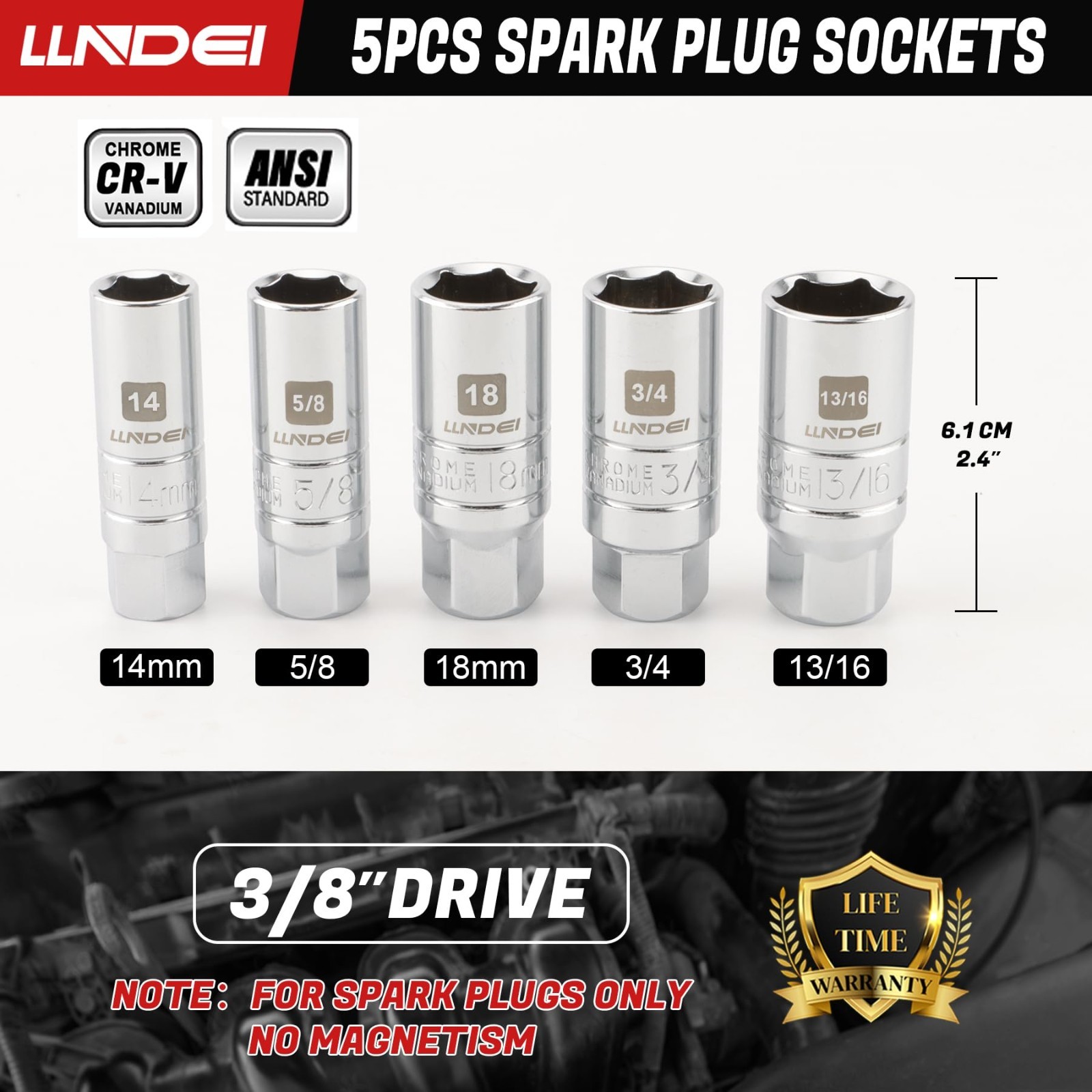 7PCS Spark Plug Socket Set 3/8″ Drive, 14mm 18mm 5/8″ 3/4″ 13/16″, Thin Wall CR-