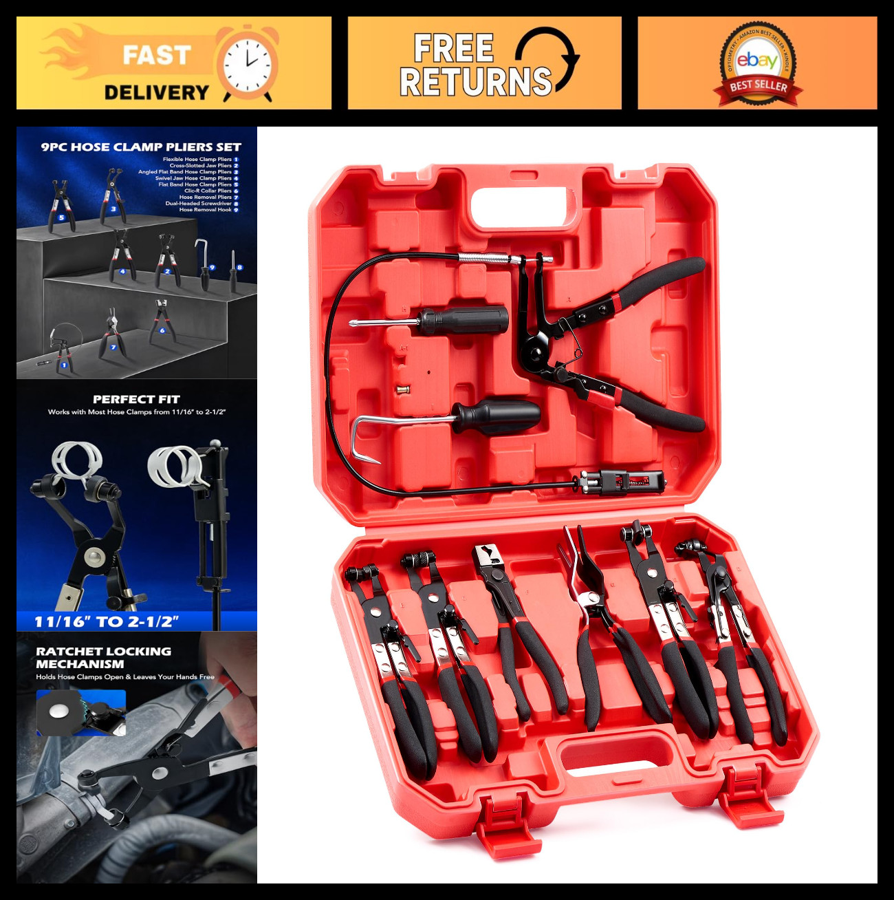 9pc Hose Clamp Pliers Set – Flexible Wire, Long Reach Swivel Jaw & Flat Band for