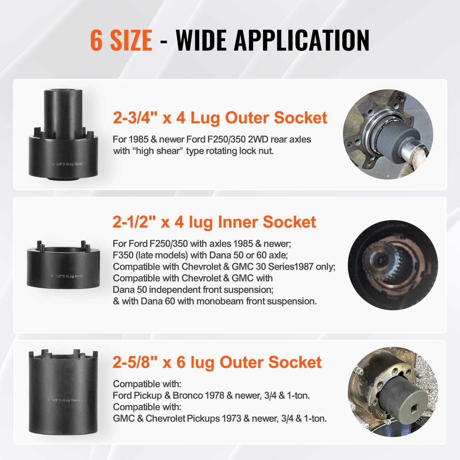Uimoso 6-Piece Axle Hub Nut Socket Set with 1/2 Inch Drive Spindle Tool Kit