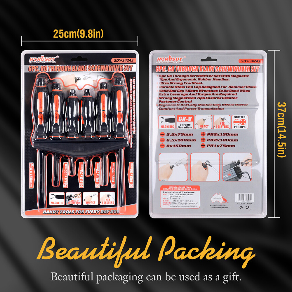 6PC Magnetic Go Through Screwdriver Set Impact Hex Bolster 3 Phillips 3 Flat