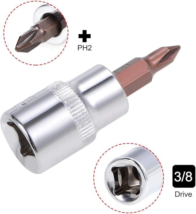 3/8″ Drive x PH2 Phillips Bit Socket, S2 Steel Bits, CR-V Sockets 48mm Length
