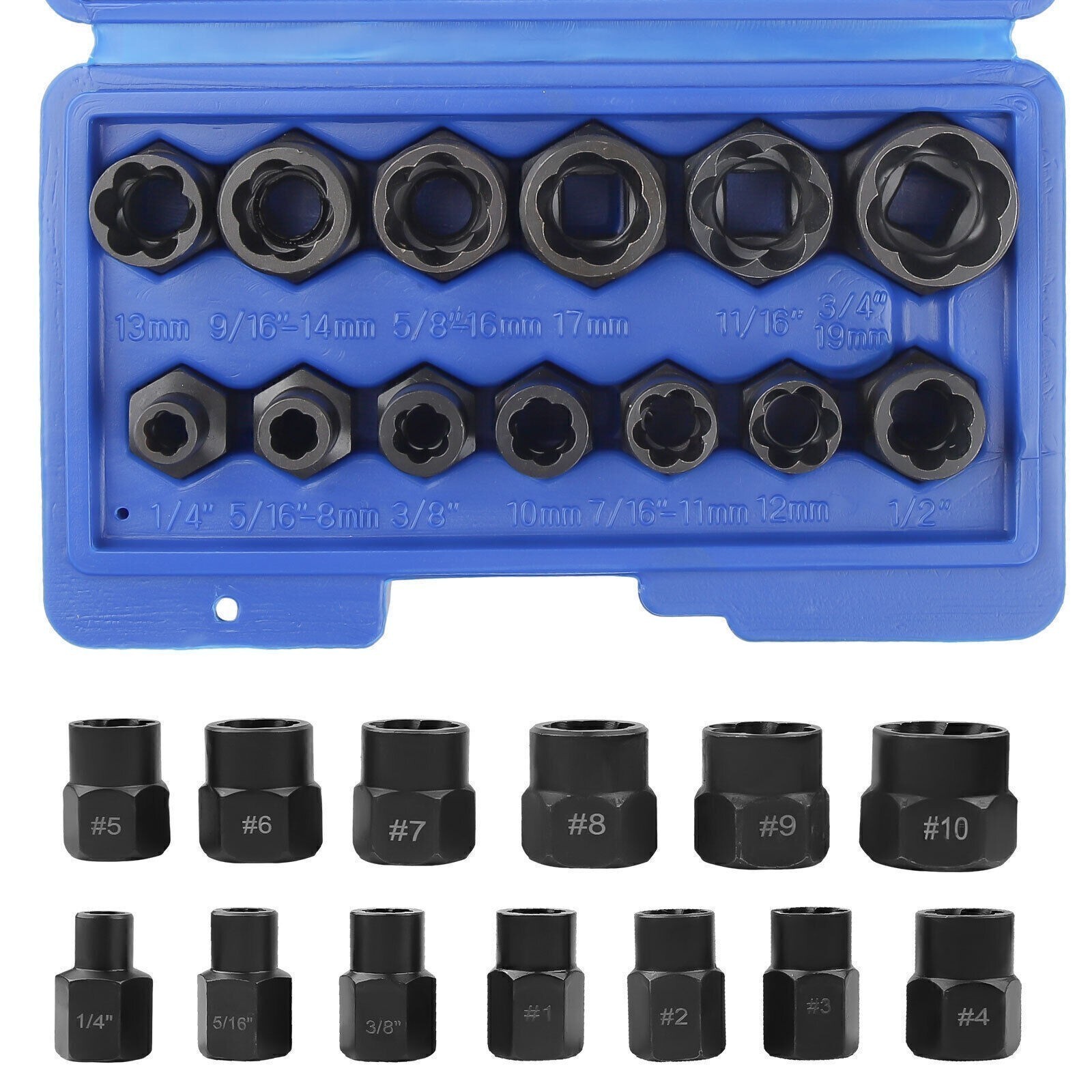 13PC Bolt Extractor Damaged Lug Nut Remover Twist Socket Extractor Tool 8-19MM .