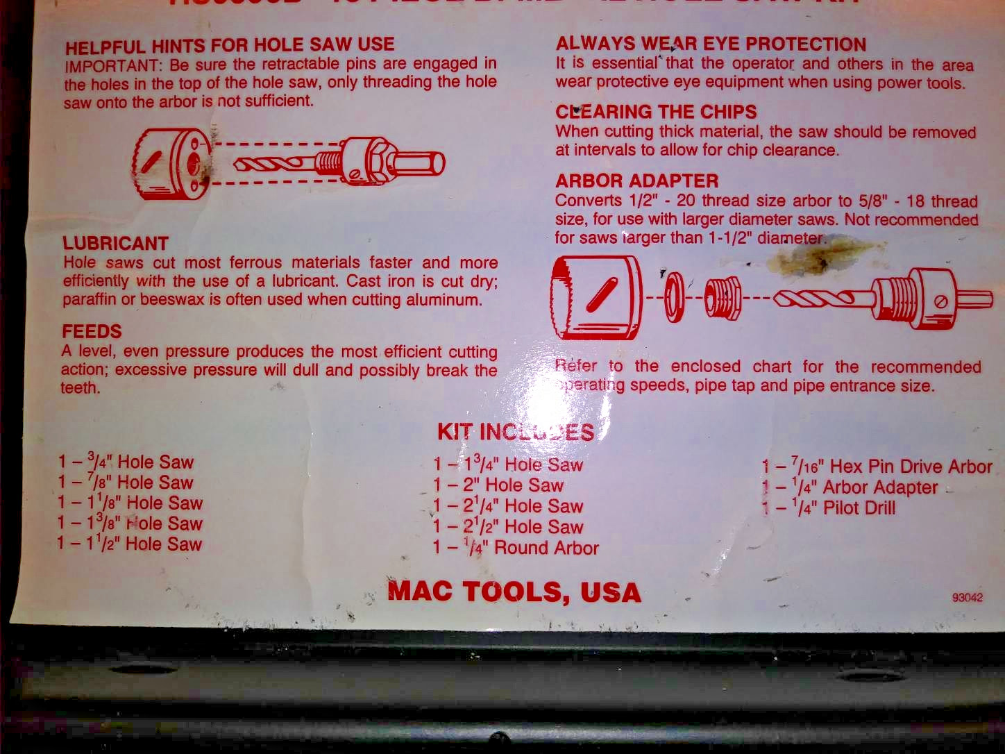 MAC-TOOLS 13 PIECE HOLE SAW KIT NUMBER HS9596B WITH CASE EXCELLENT CONDITION