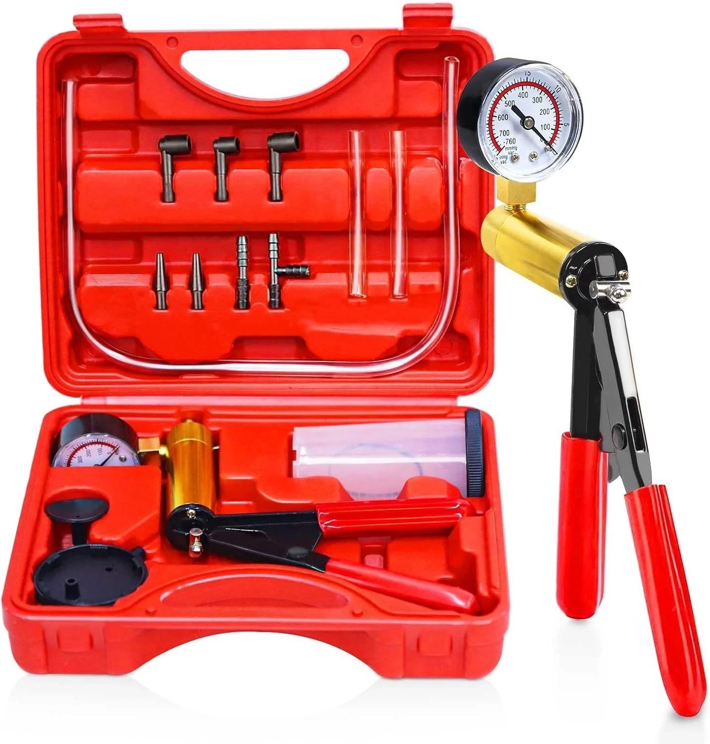 Hand Held Vacuum Pump Tester Set Vacuum Gauge and Brake Bleeder Kit for red
