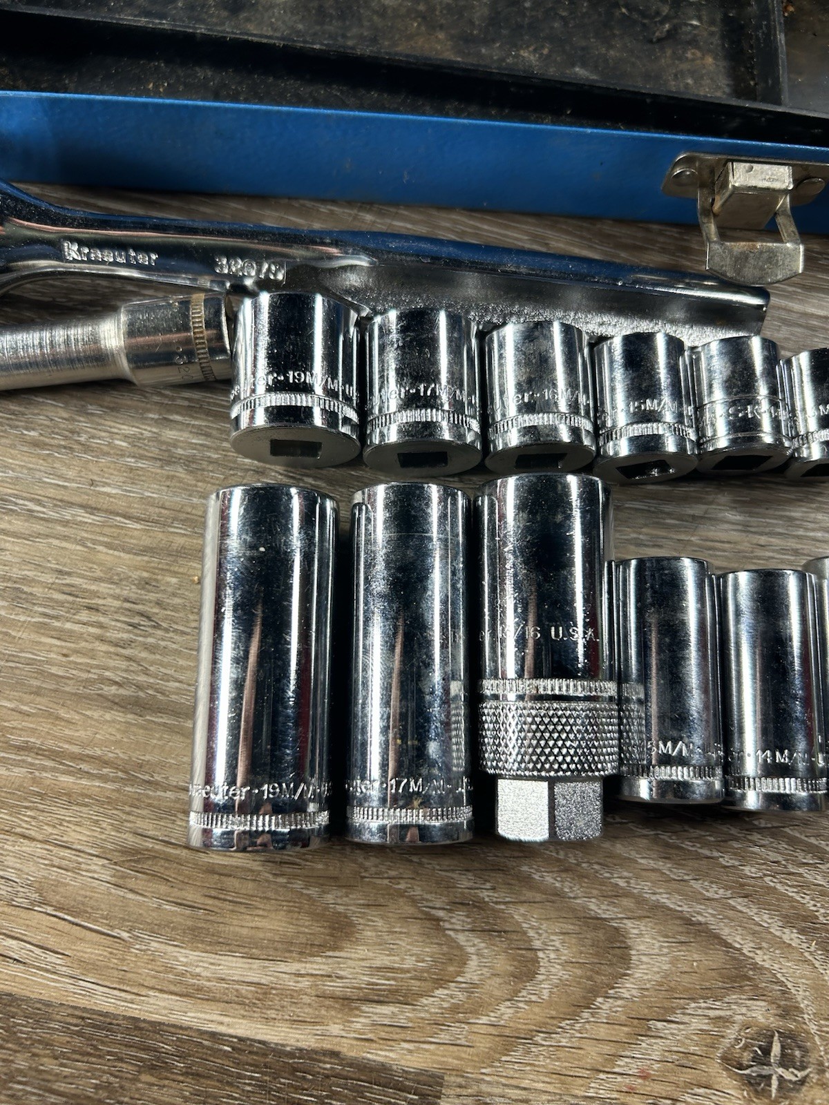 Vtg Kraeuter Tools Metric 3/8″ Drive Socket Ratchet Set Shallow Deep 7-19mm 6 pt