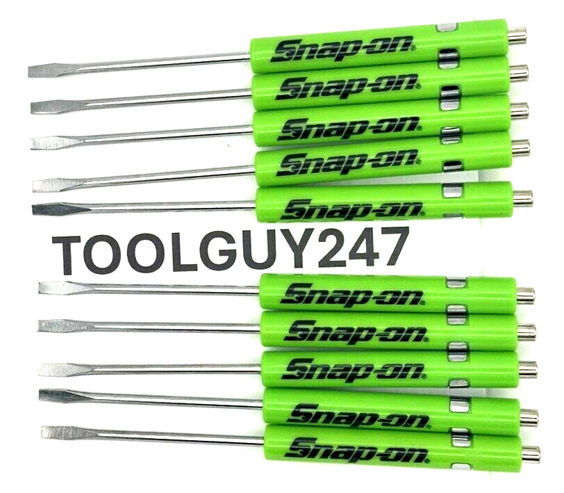 SNAP ON TOOLS 10 TEN Snap On Pocket Screwdrivers Flat Tip GREEN MAGNETIC END
