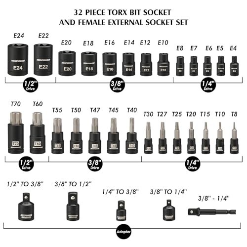 32PCS Torx Bit Socket Set – 14 Star Bits (T8-T70) & 13 E-Torx Sockets (E4-E24) C
