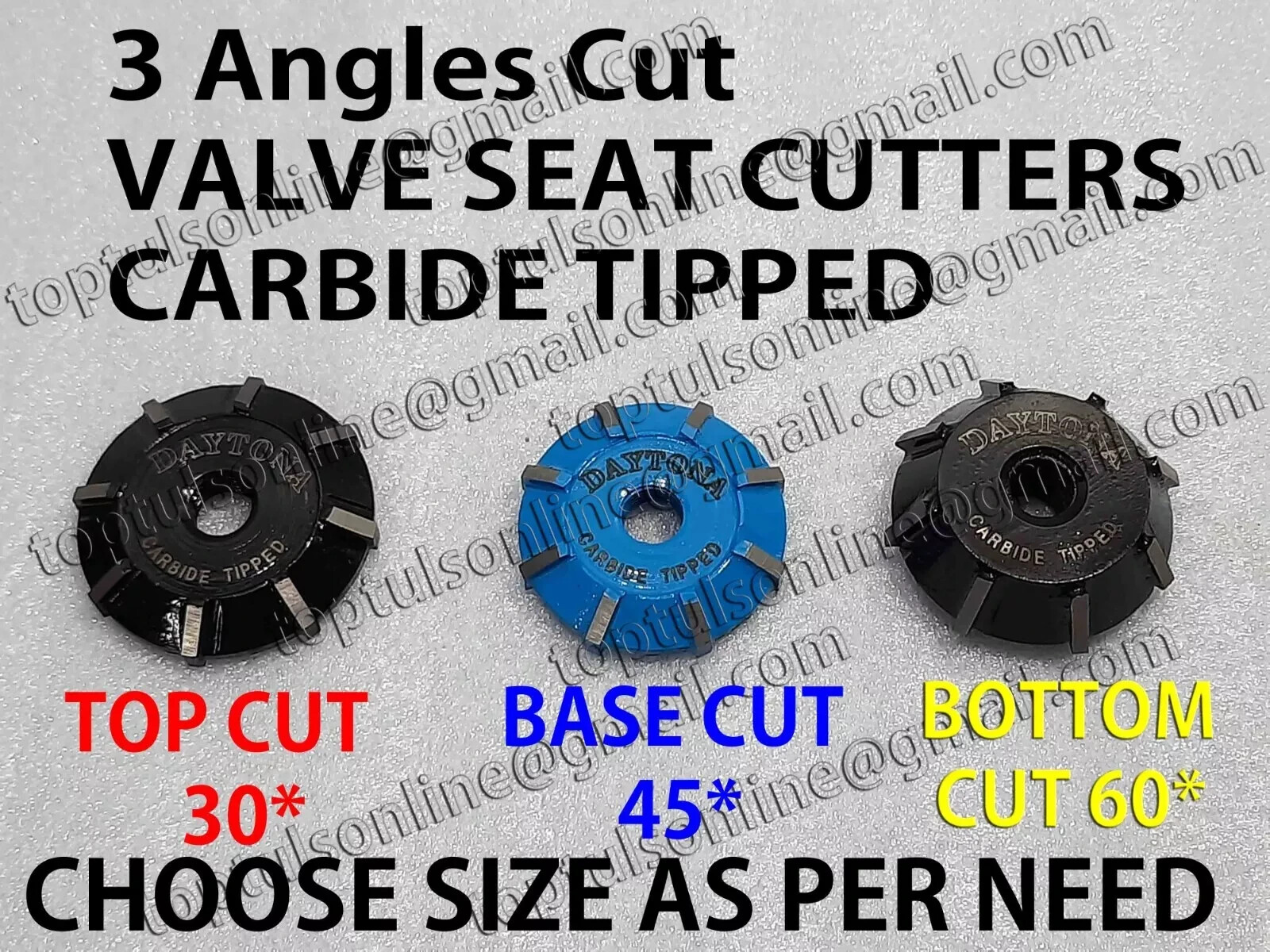 3x VALVE SEAT CUTTER CARBIDE TIPPED 34 mm 30-45-60 DEGREE