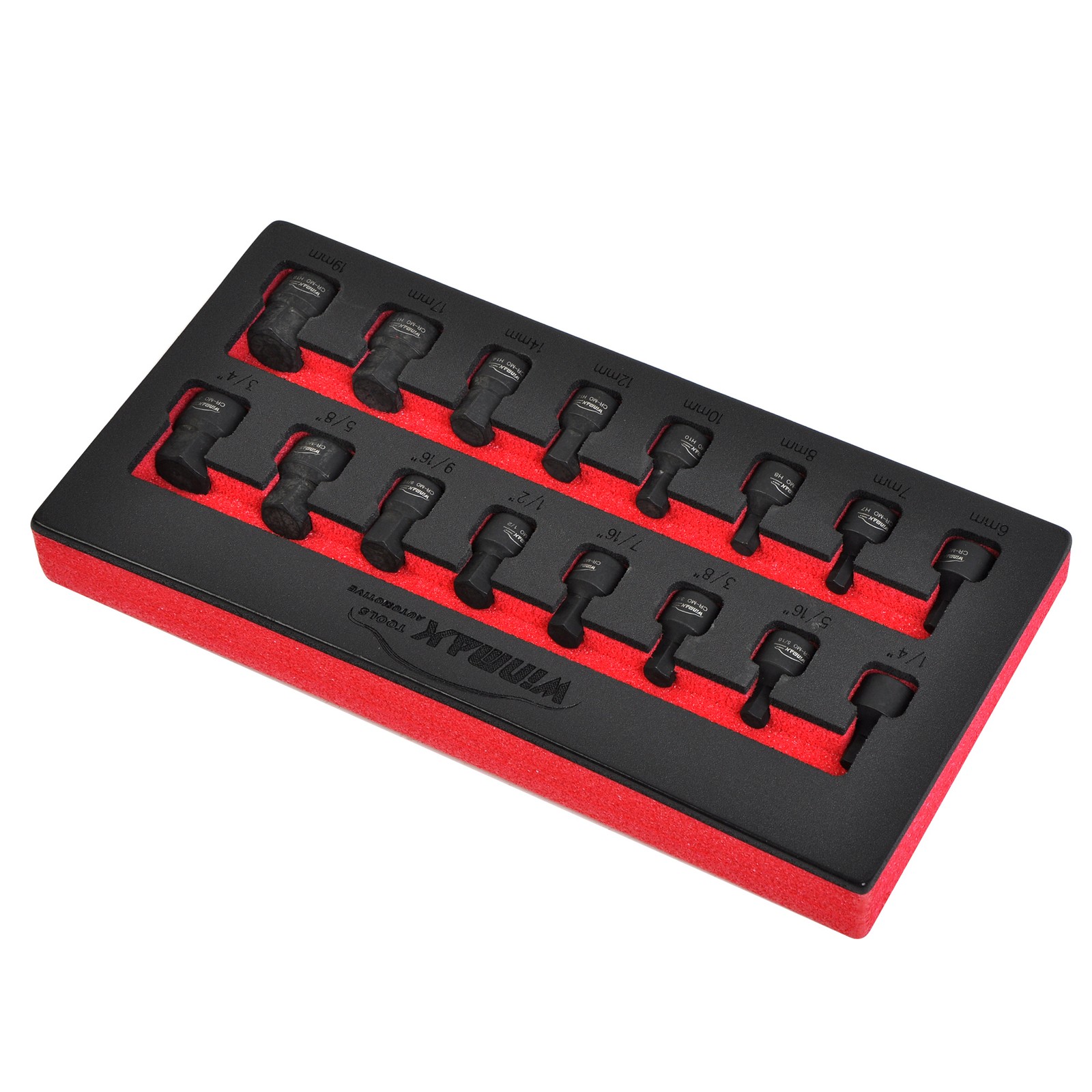 3/8″ Drive Low Profile Impact Hex Driver Set, Metric 6-19mm, SAE 1/4″-3/4″ 16pcs