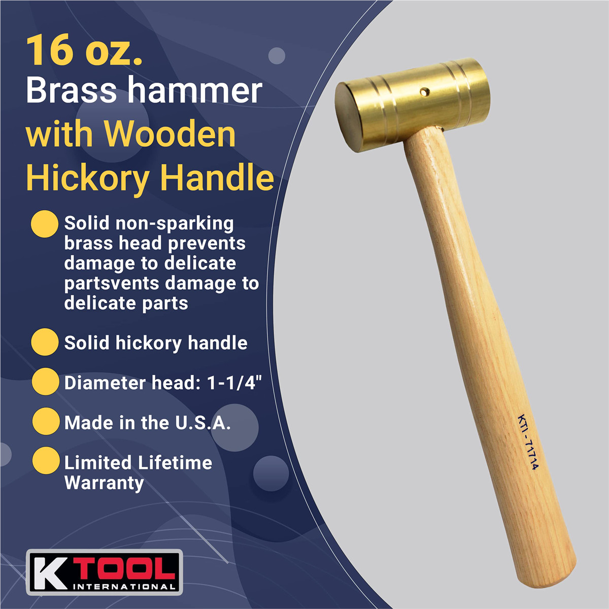 K-Tool 71714 16 oz. Brass hammer with Wooden Hickory Handle