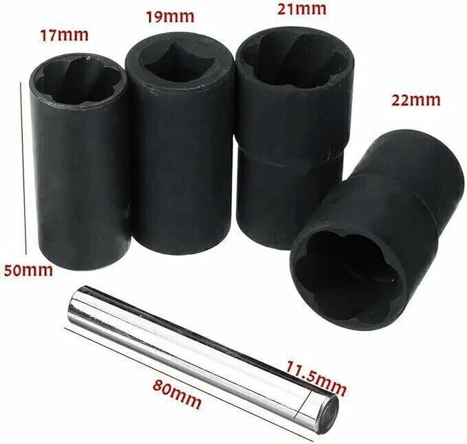 5Pcs Twist Socket 1/2” Drive For Wheel Lug Nut Damaged Removal and Extractor