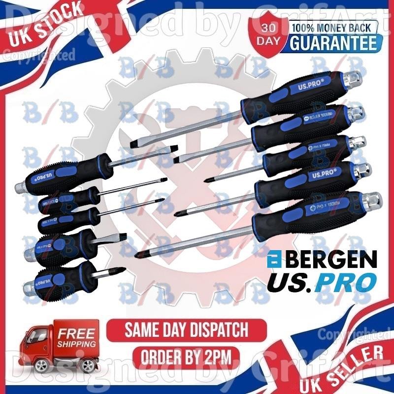 US PRO 10PC MAGNETIC GO THROUGH SCREWDRIVER SET FLAT HEAD PHILIPS SCREWDRIVERS