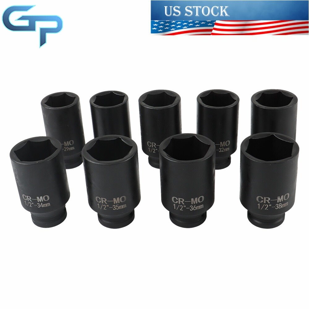 9pcs 29-38mm Deep Impact Socket Tool Kit 1/2″ Drive Metric Axle Hub Nut Socket