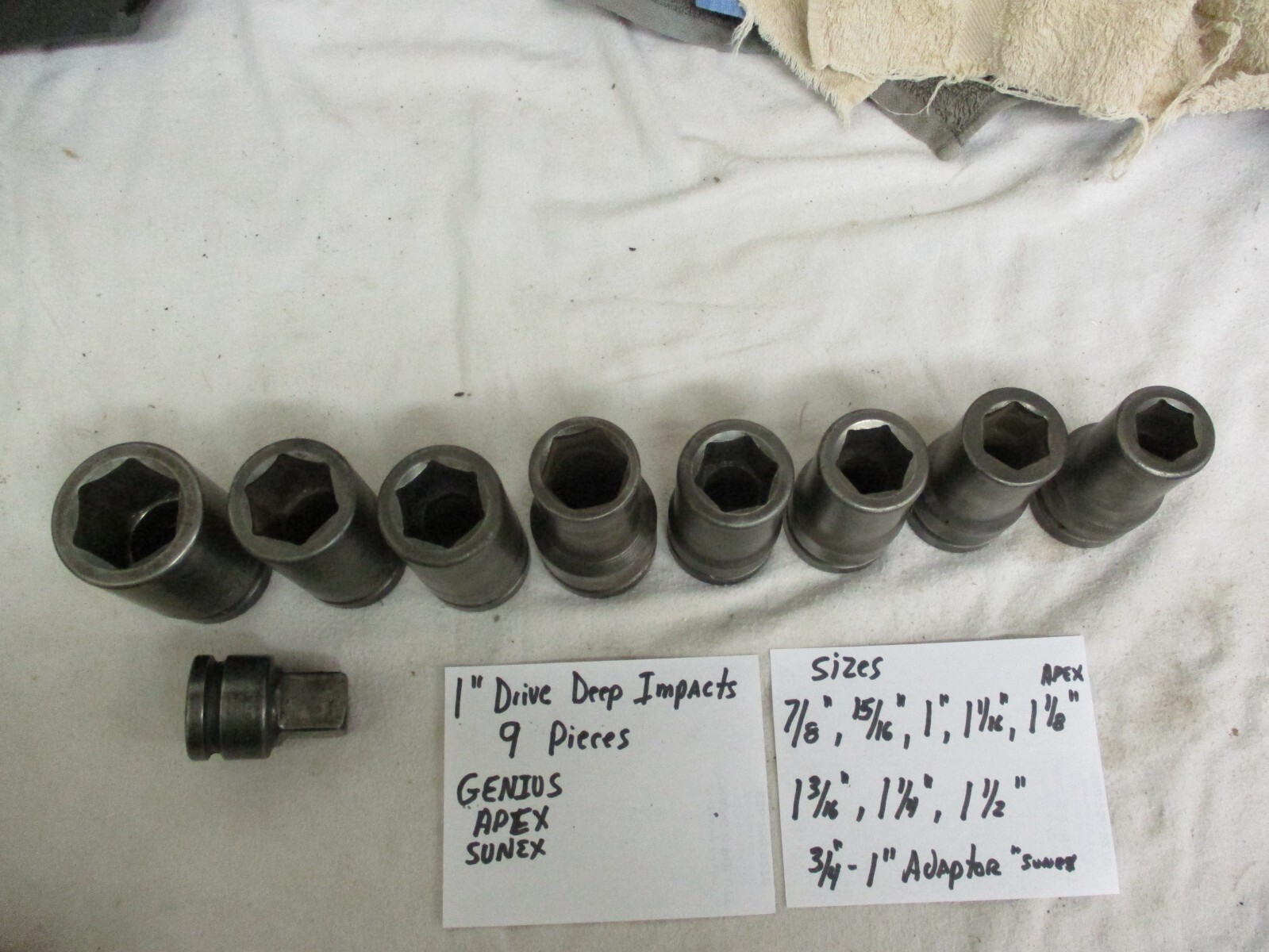LOT of 9 Genius Tools 1″ Drive Deep Impact Sockets 6 Point SAE W/Sunex Adaptor