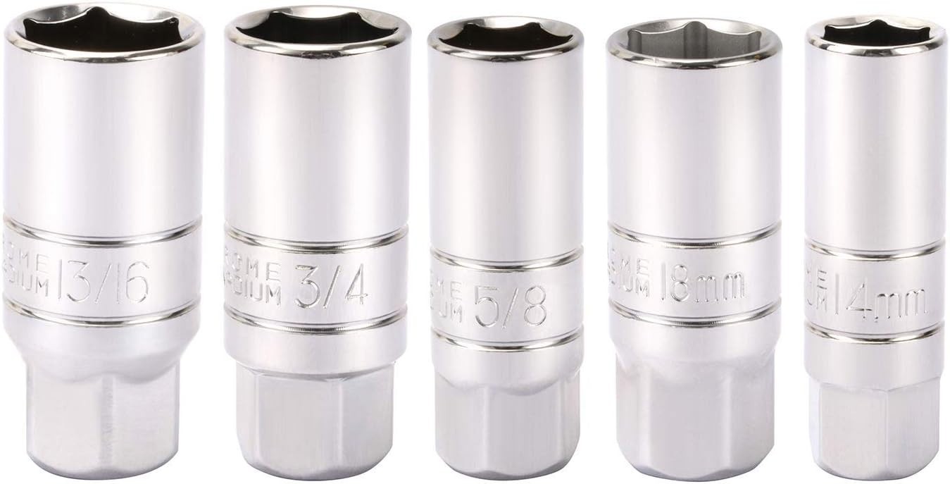 3/8-Inch Drive Spark Plug Socket Set: Chrome Vanadium, 5-Piece & Durable