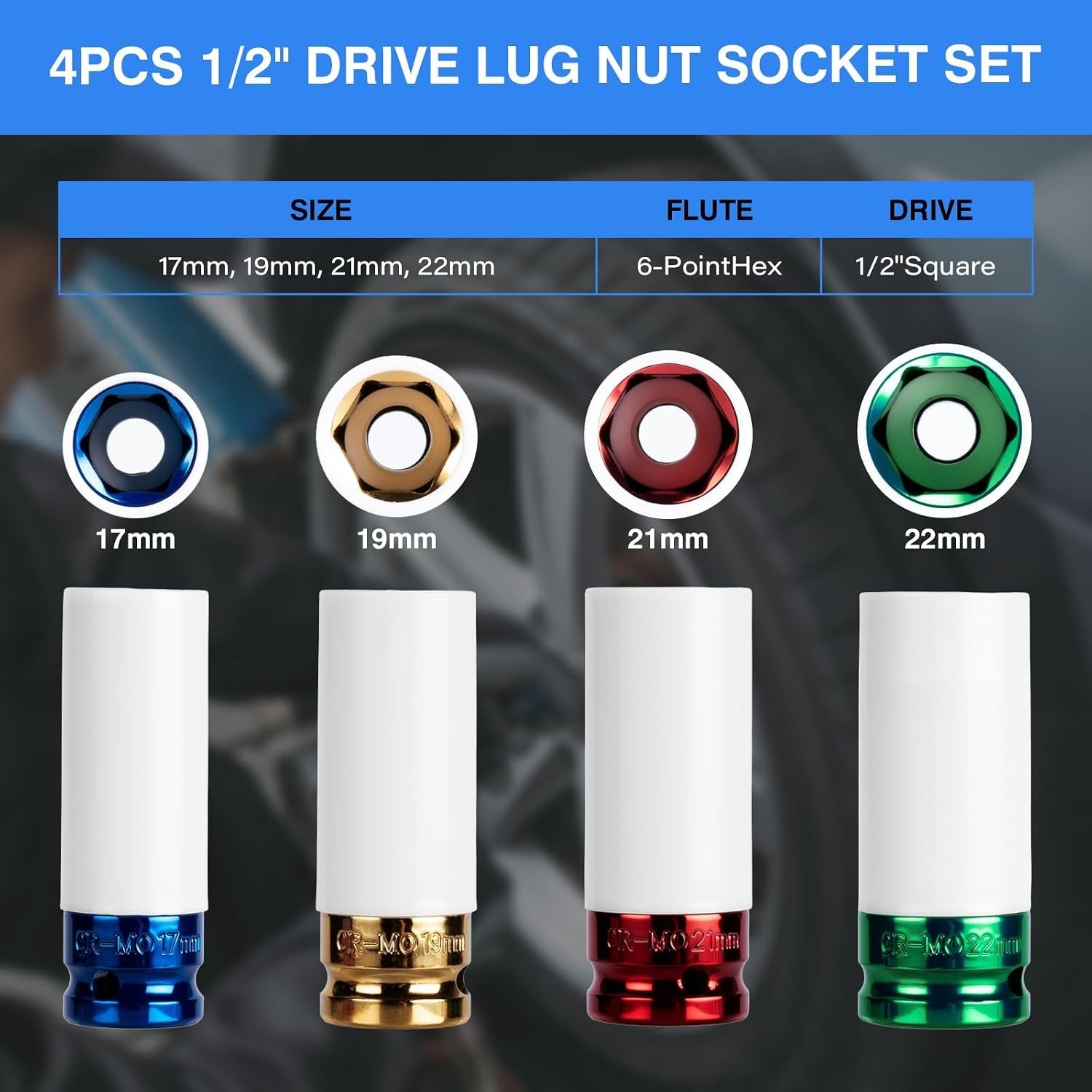 1/2″ Drive Non-Marring Impact Socket Set – 4 PC Color-Coded CR-MO Deep Sockets