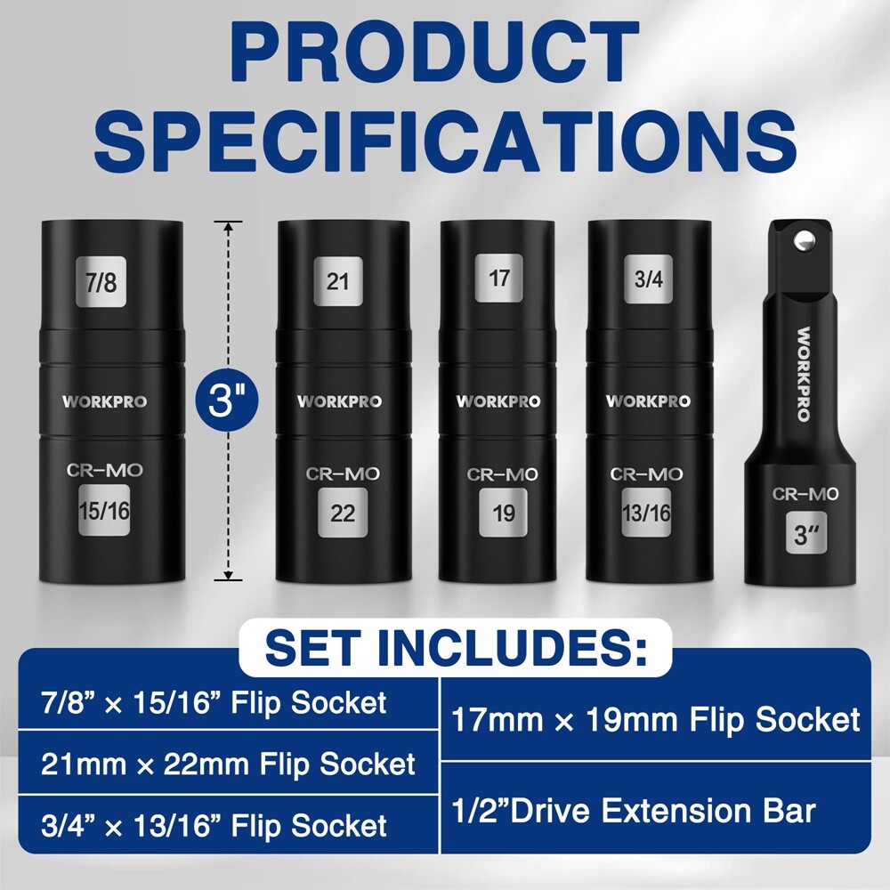 WORKPRO 5PC 1/2″ Dr Impact Socket Set Lug Nut Wheel 3″ Extension Bar Flip Socket