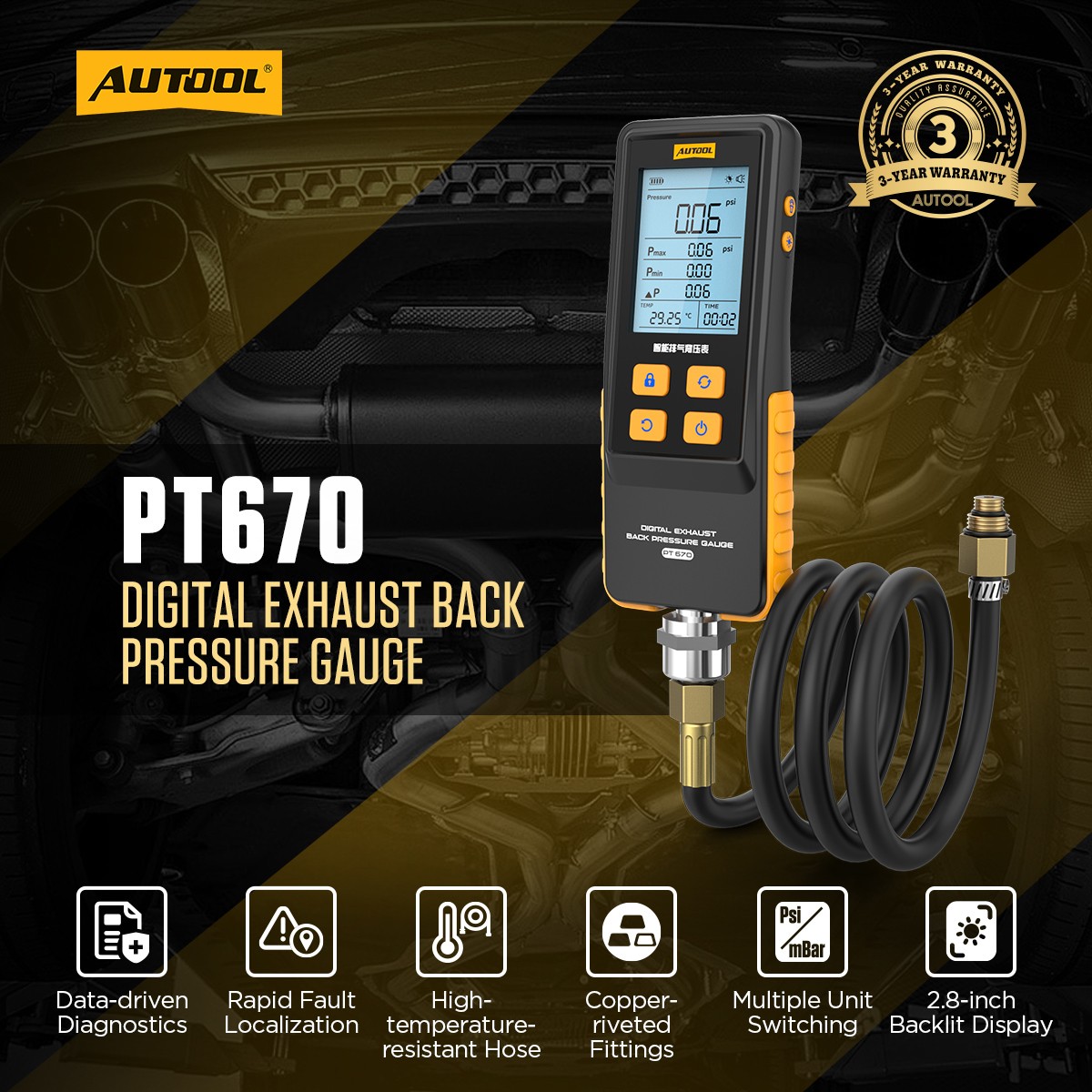 AUTOOL Digital Exhaust Back Pressure Tester Gauge Catalytic Converter Diagnostic
