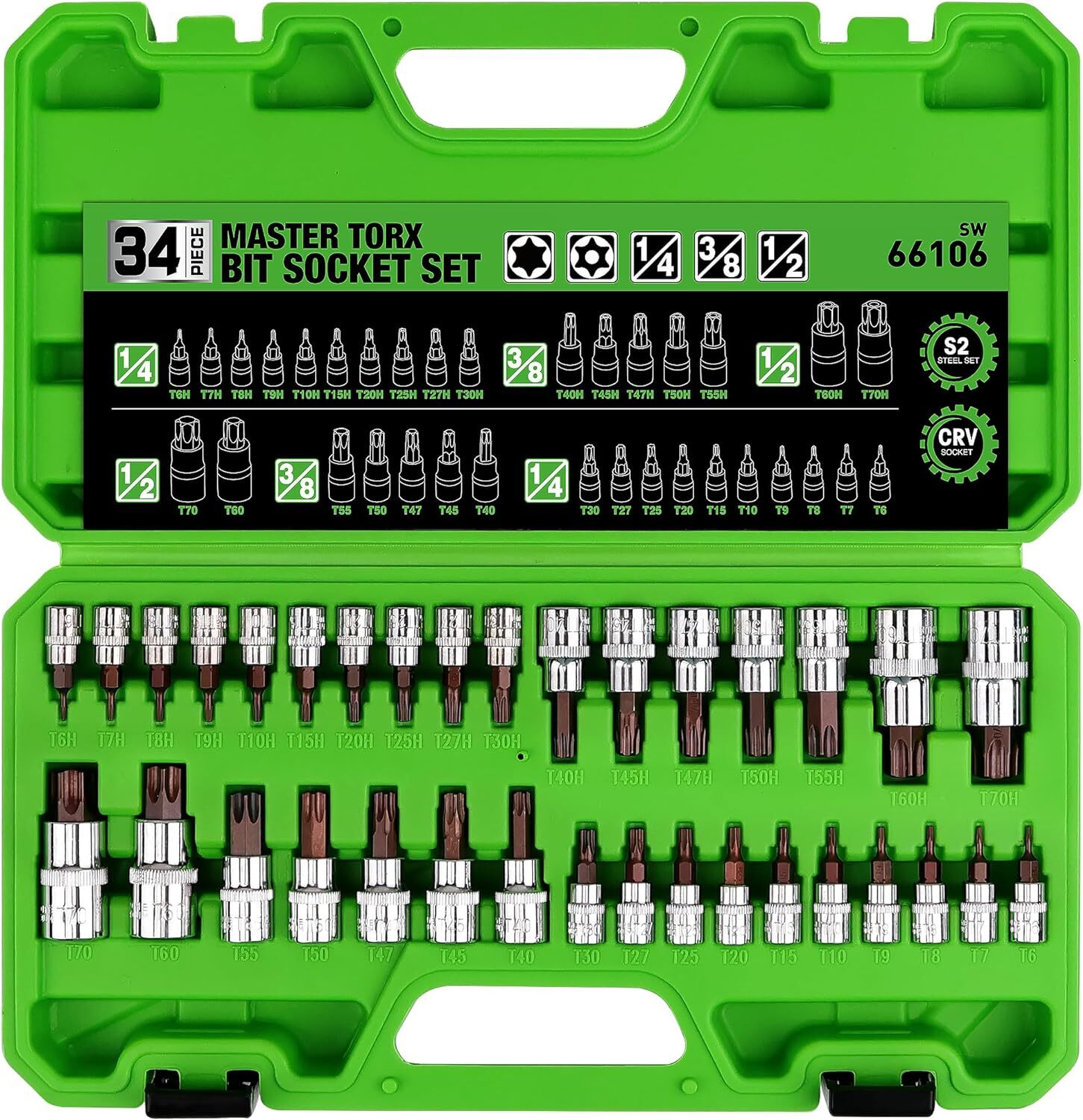 34PCS Master TORX Bit Socket Set,S2 Alloy Steel,Solid Star & Tamper Proof T6~T70